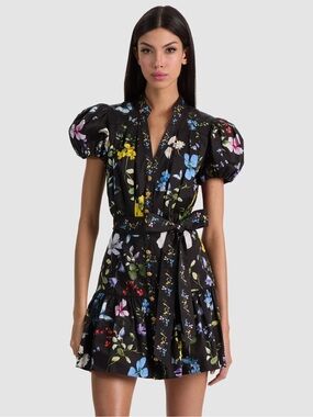 TWISTING VINES BLACK Black Floral Puff-Sleeve Mini Dress